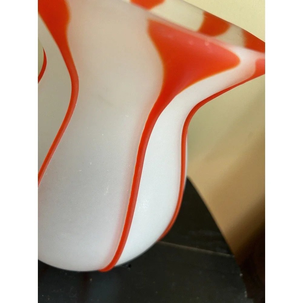 hand Blown Satin Glass With‎ Orange Textured Stripes Vase approx 8-1/2